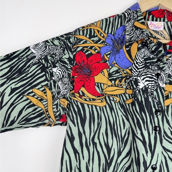 Vintage 80's Tropical Zebra Print Blouse - Picture 2 of 10
